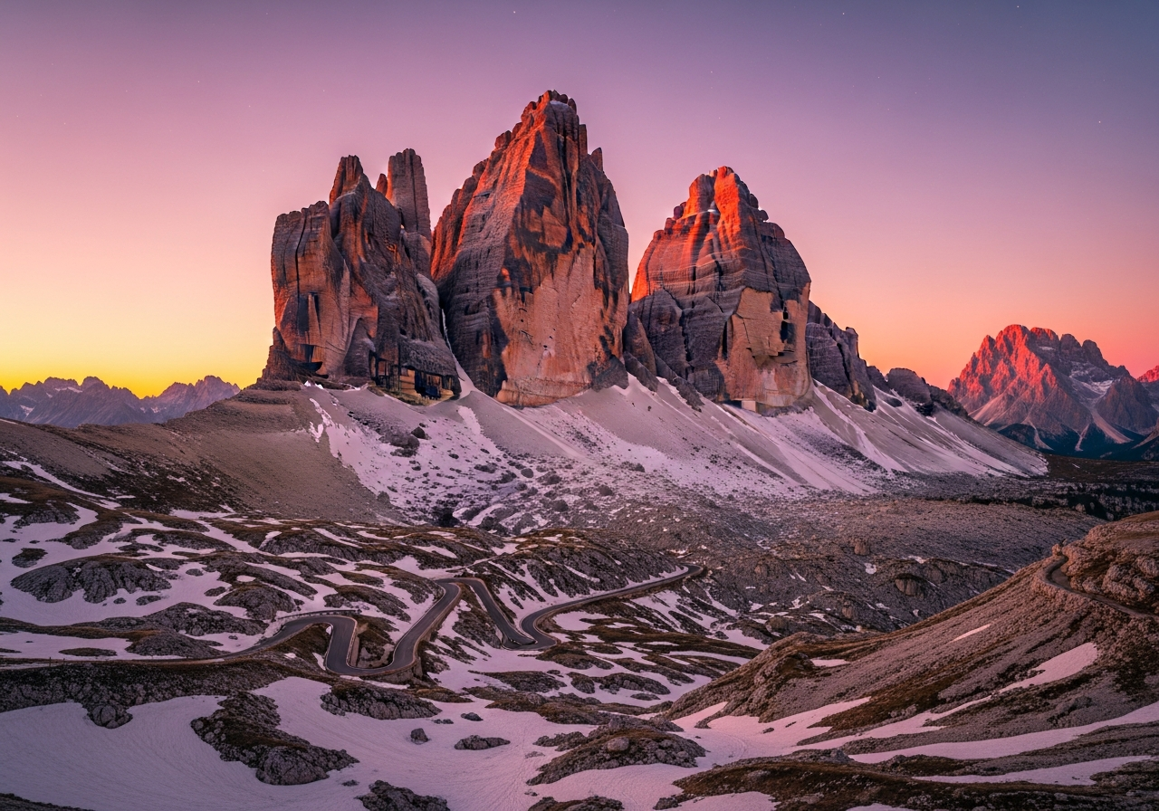 Sommets roses des Dolomites au lever du soleil