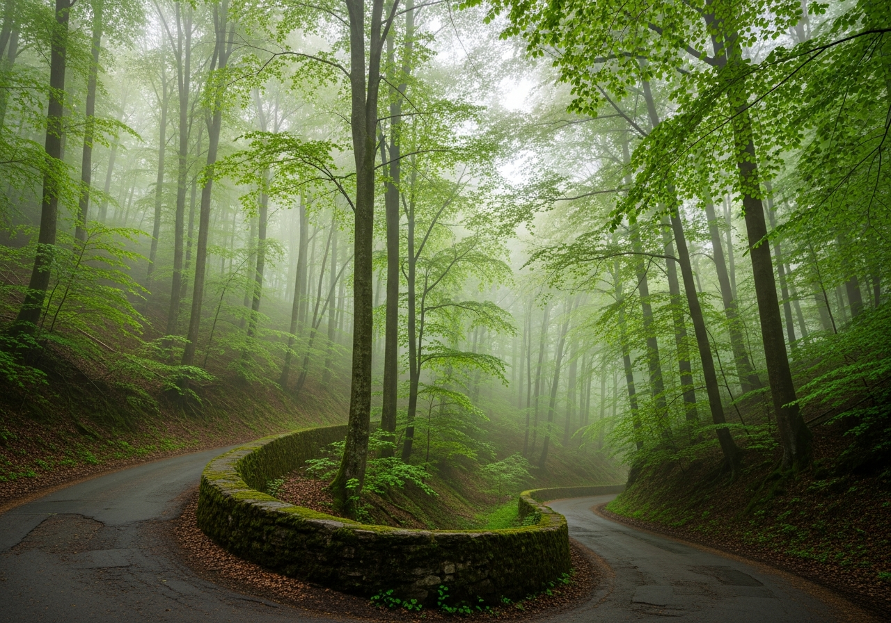 Route forestière dans les collines brumeuses des Ardennes belges