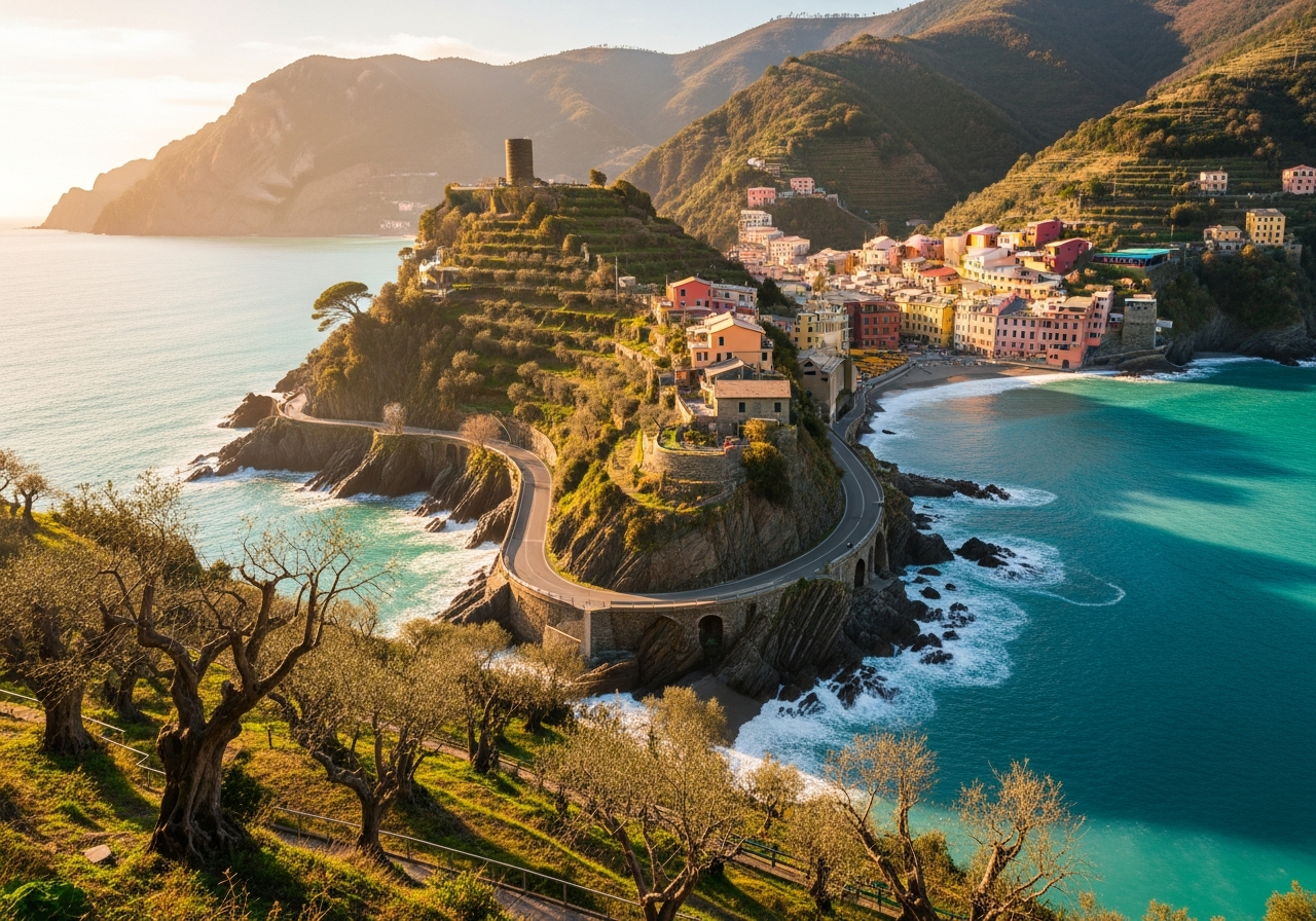 Route côtière surplombant la Méditerranée sur la Riviera italienne