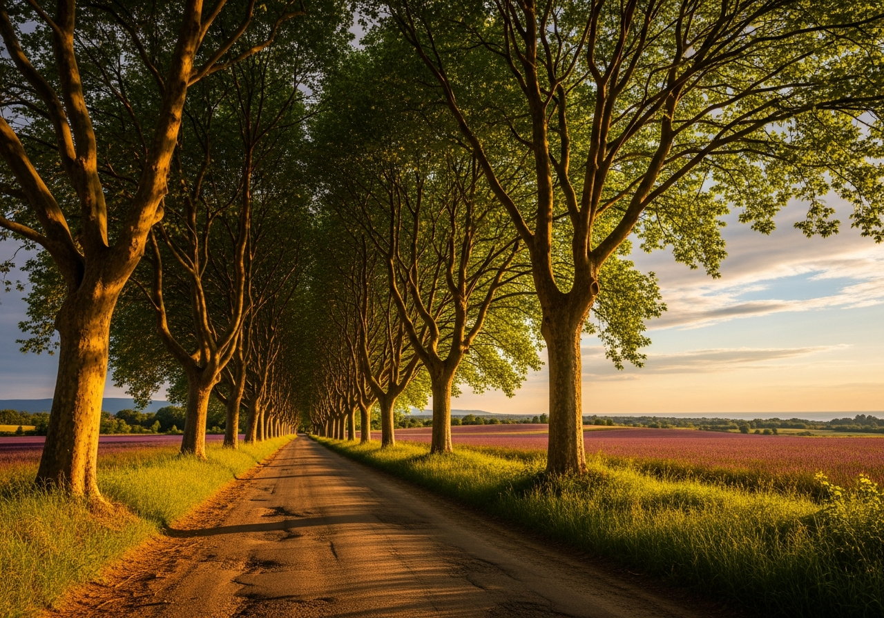 Route ensoleillée bordée de platanes dans le sud de la France
