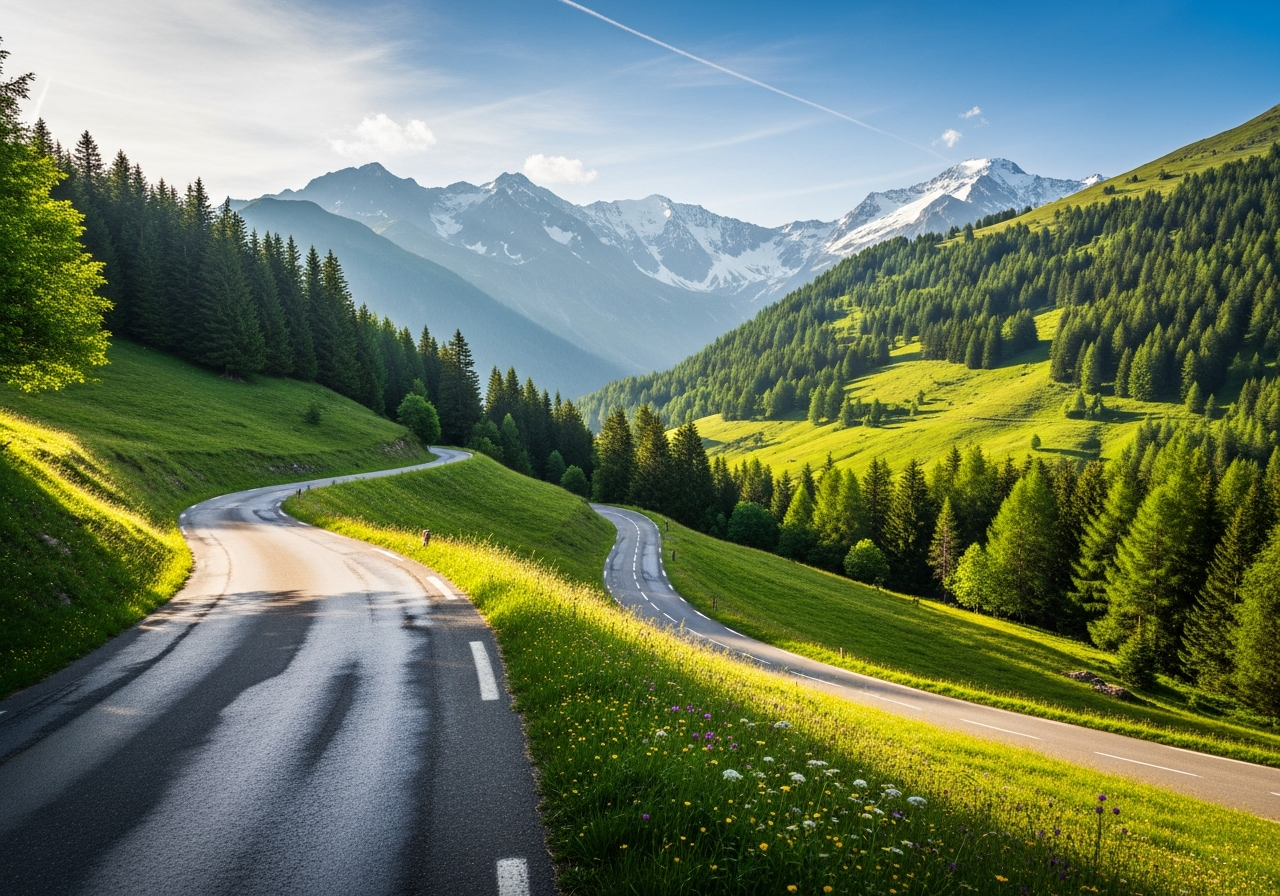 Route alpine verdoyante dans les contreforts des Alpes françaises
