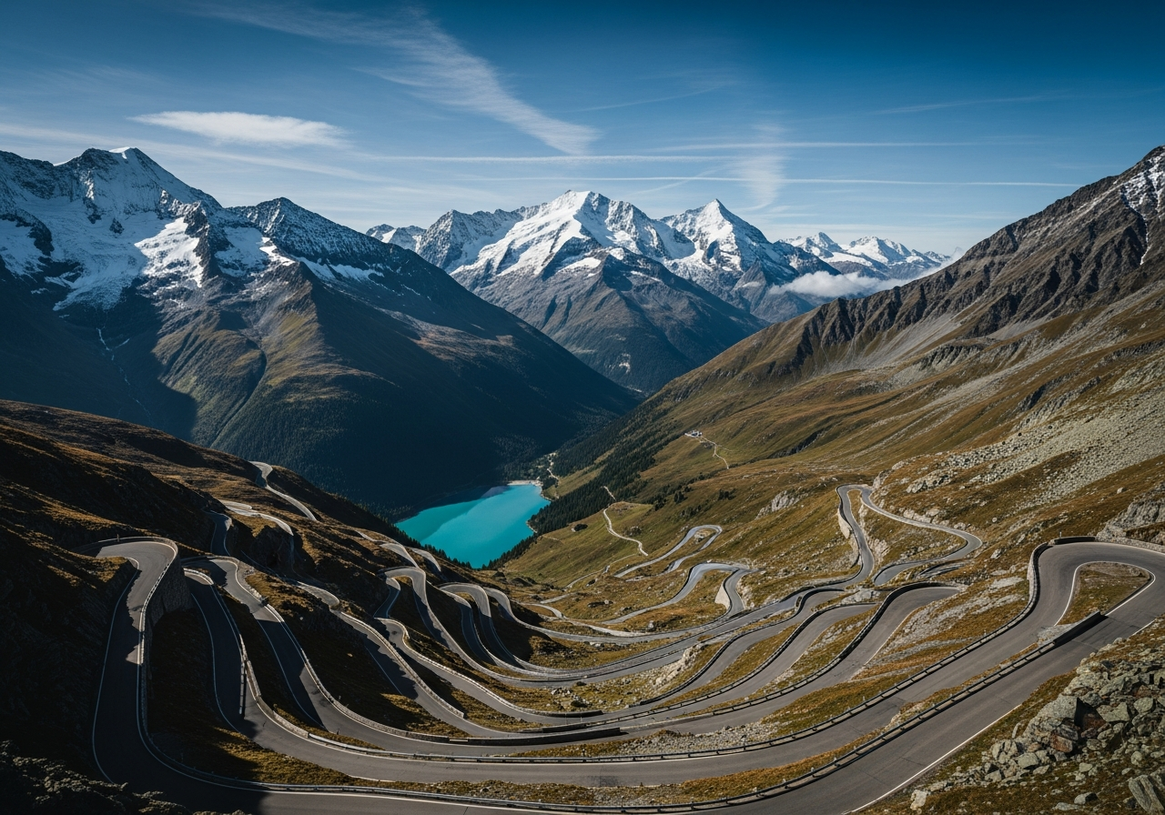 Route de montagne en lacets dans les Alpes suisses