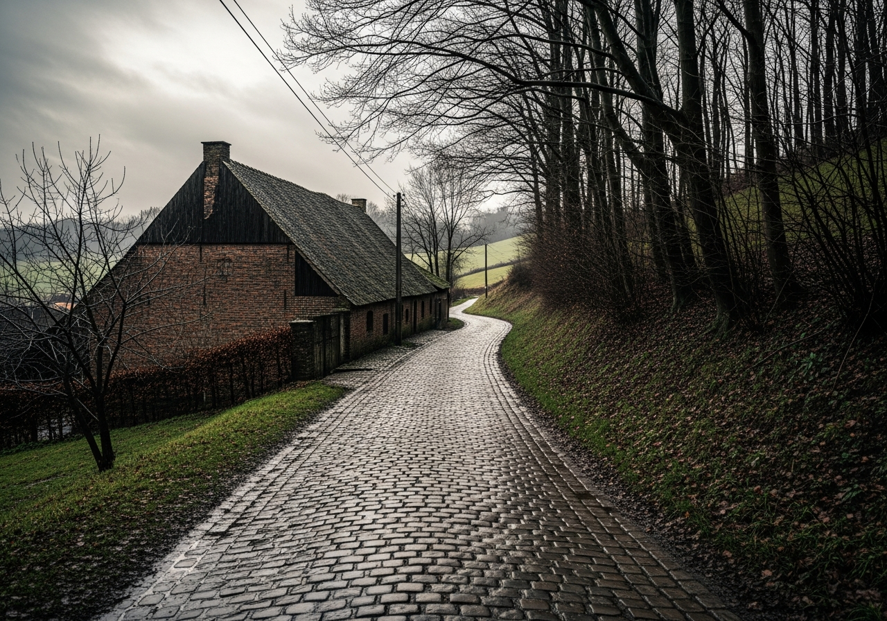 Ruelle pavée grimpant dans la campagne flamande sous un ciel gris