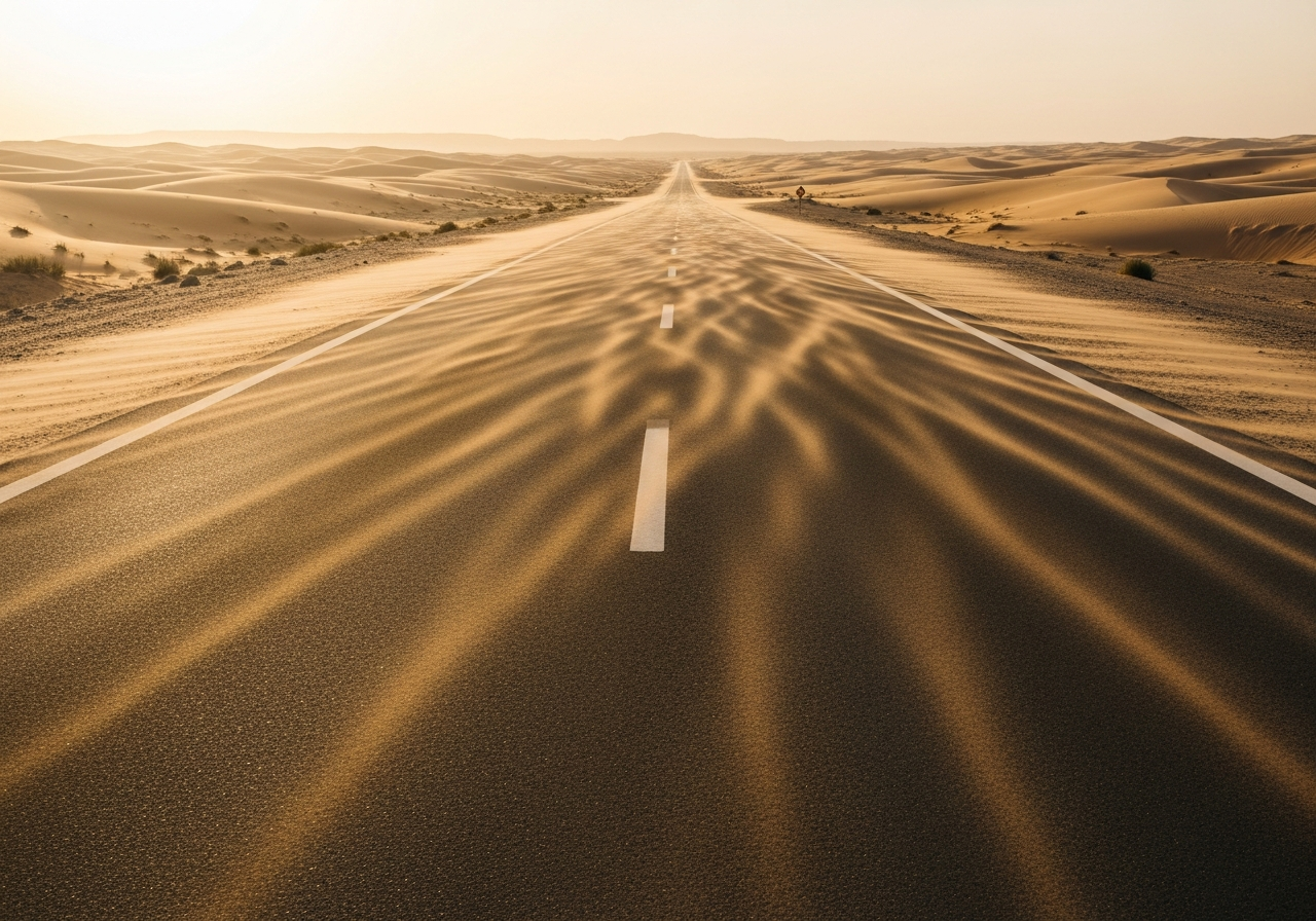 Route déserte traversant les dunes au lever du soleil